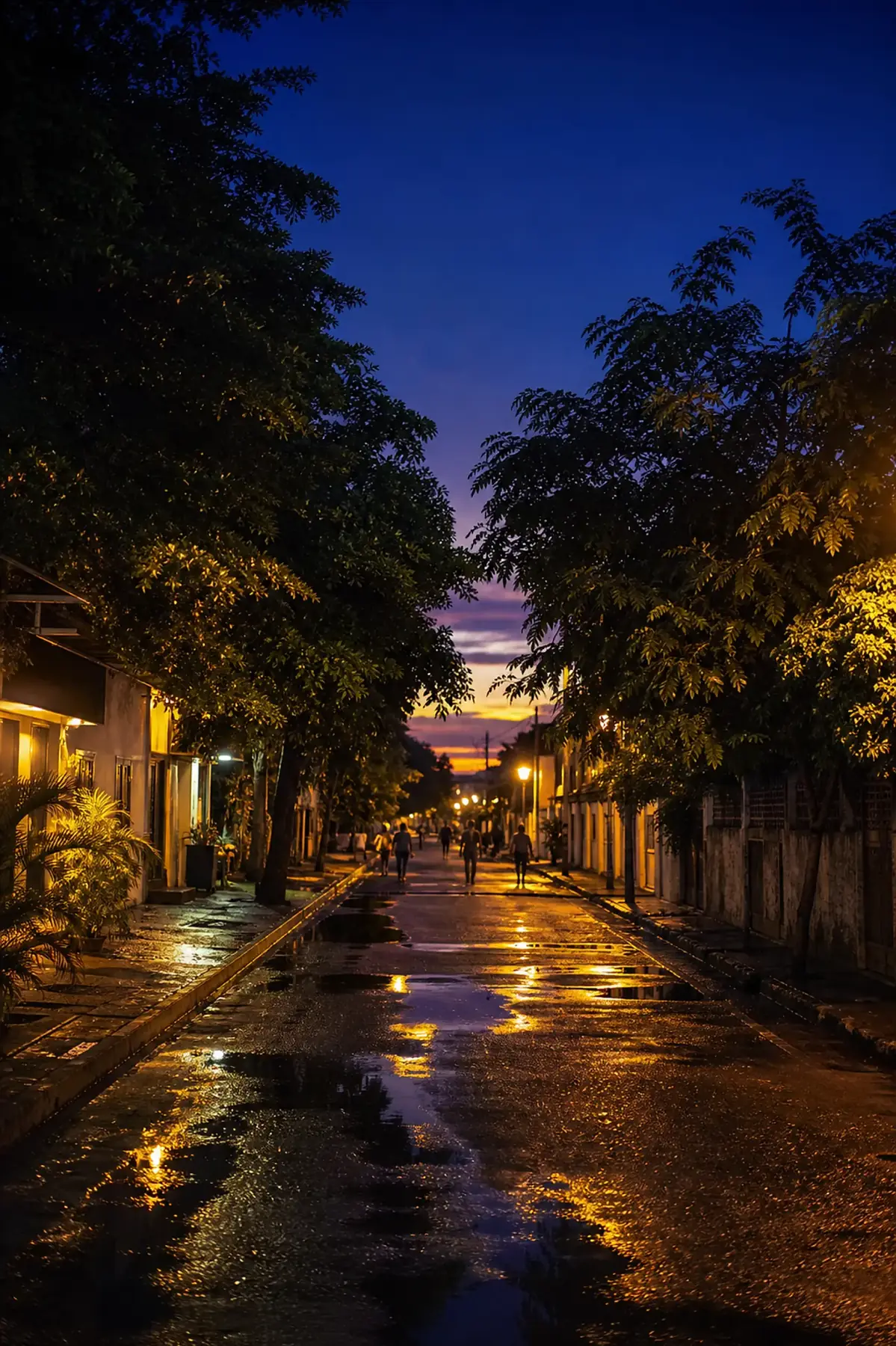 A quiet street in Osu, Accra at blue hour